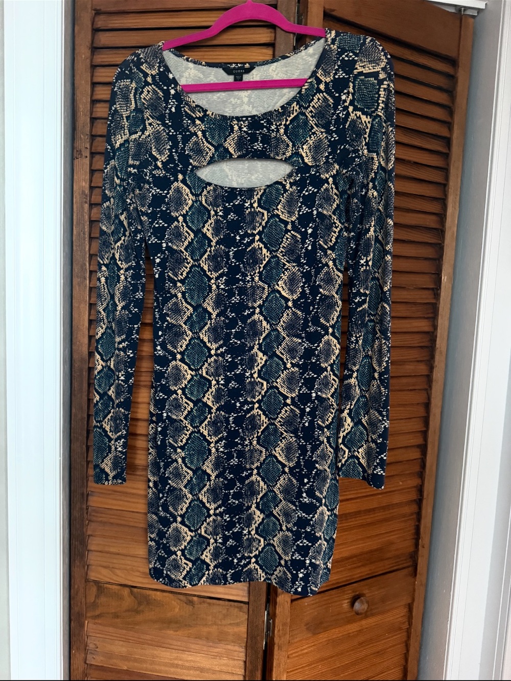 GUESS Navy and Cream Long Sleeve Snake-Print Bodycon Dress